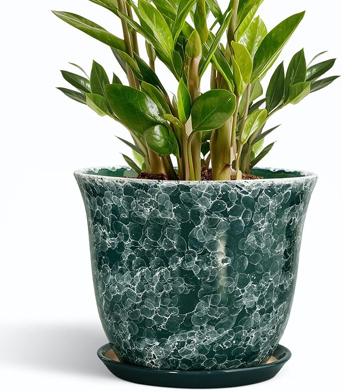 Ceramic Plant Pots - 10 Inch Plant Pot for Indoor Outdoor, Round Planter with Drainage Hole and Tray, Decorative Flower Pots, Modern Planters, Home Patio Garden Decor, Garden Gifts, Green