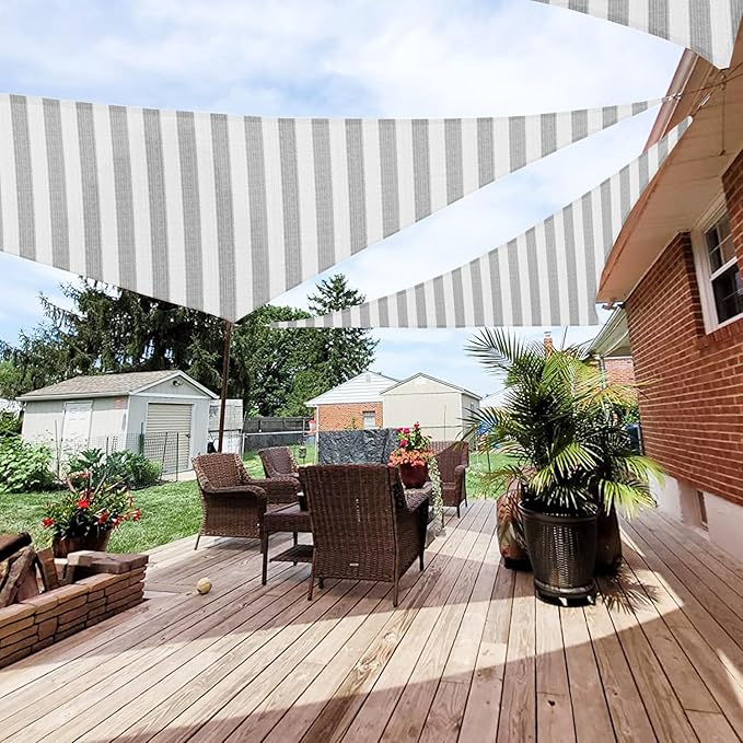 Patio Paradise 2' x 2' x 2' Sun Shade Sail Triangle Canopy Shade Cloth Fabric Sunlight Block Patio Pergola Cover HDPE Deck Awning for Outdoor Backyard Roof Shading, Gray White Strip