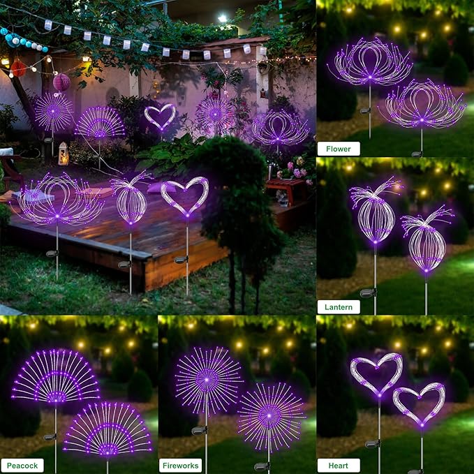 Solar Garden Lights Outdoor Waterproof, 2 Pack 120 LED Solar Firework Lights Decorative Garden Décor Outside for Flowerbed Pathway Party Christmas Decoration, Purple