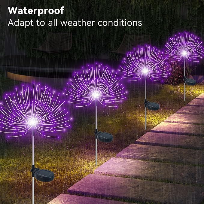 Solar Garden Lights Outdoor Waterproof, 2 Pack 120 LED Solar Firework Lights Decorative Garden Décor Outside for Flowerbed Pathway Party Christmas Decoration, Purple