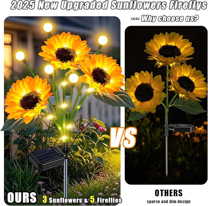 Sunflower Solar Lights Outdoor Garden Decor,Upgraded Solar Sunflowers with Firefly Lights Waterproof,Gifts for Mom Women Grandma,Garden Decor for Outside Yard Patio Pathway Lawn（2 Pack）