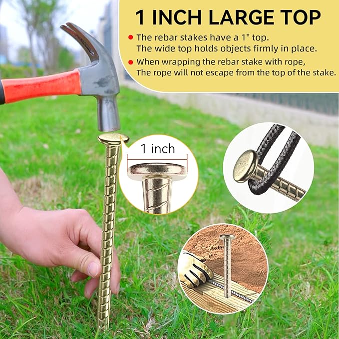 16 Inch Rebar Stakes - 1/2 Inch Diameter Galvanized Steel Ground Anchors - Heavy Duty Plant Support Garden Stake for Speed Bump, Wheel Stop, Tent (10 Pack)