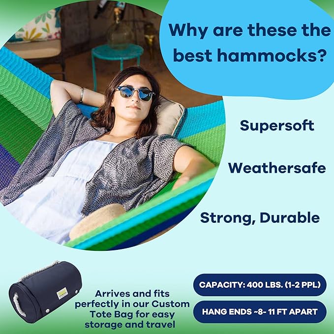 Handwoven Hammock by Yellow Leaf Hammocks - Double Size, Fits 1-2 PPL, 400lb max - Weathersafe, Super Strong, Easy to Hang, Ultra Soft, Artisan Made - Color: Blue - Green
