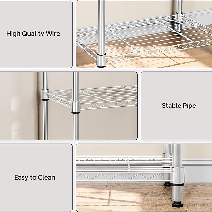 4 Tiers Shelf Metal Storage Shelves Wire Rack Closet Organizers with Wheel for Garage Kitchen Bathroom Laundry Chrome 11.8" D x 17.7" W x 41.9" H
