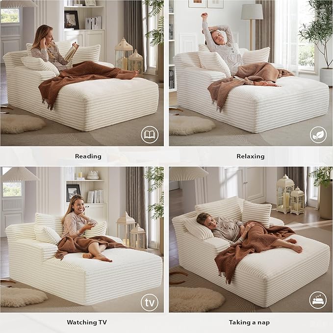 67 Inch Chaise Lounge Chair Indoor, Oversized Corduroy Upholstered Boneless Sofa Bed, Deep Seat Sleeper Couch Reading Chairs, Cloud Sofas Couches for Living Room, No Assembly Required (Beige)