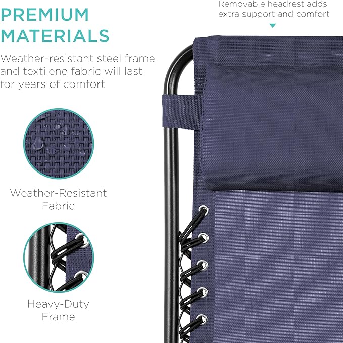 Best Choice Products Set of 2 Adjustable Steel Mesh Zero Gravity Lounge Chair Recliners w/Pillows and Cup Holder Trays - Navy Blue