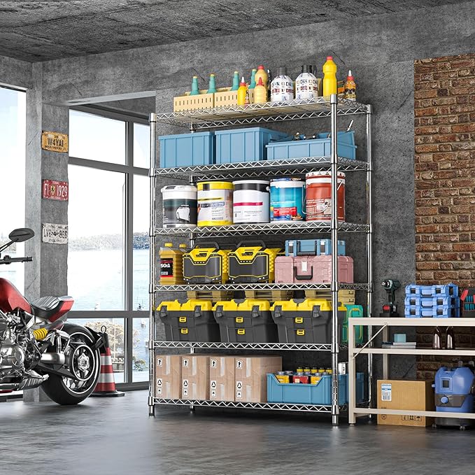 IZEUK 6-Tier Heavy Duty Metal Wire Shelving Unit, Adjustable Storage Rack Organizer for Garage, Kitchen, Office, Pantry, Warehouse (Chrome, 17.7" D x 47.2" W x 82.7" H)
