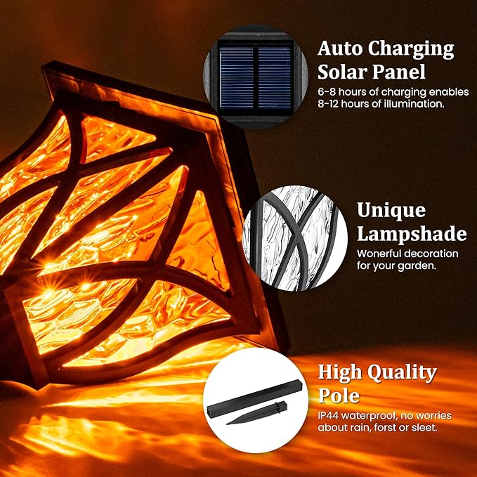 GIGALUMI Solar Lights Outdoor Waterproof, 6 Pack Flickering Flame LED Lights, Garden Decor for Yard, Patio, Landscape, Planter, Walkway
