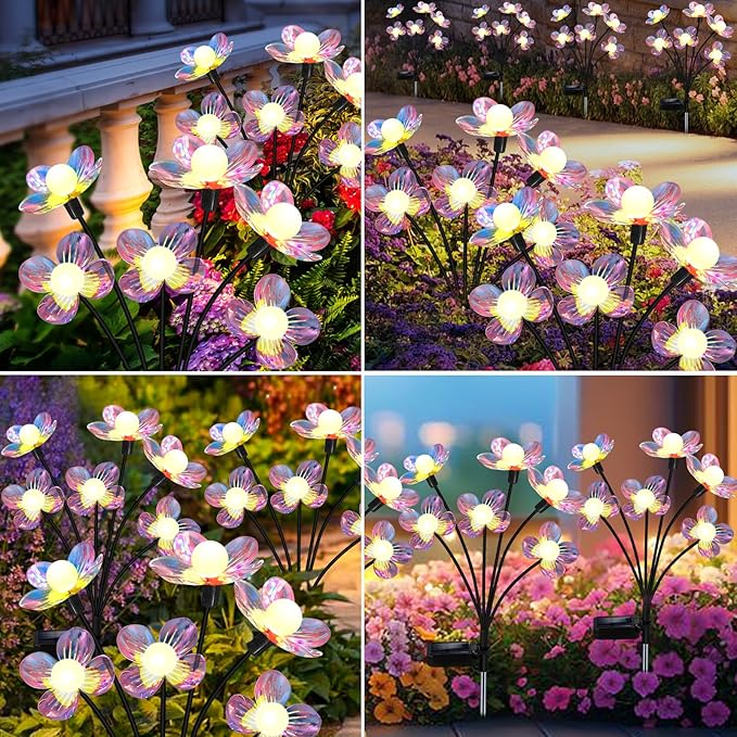 Solar Garden Lights Outdoor, New Upgraded 4-Pack Firefly Solar Lights with Iridescent Petals & Warm White Glow - Waterproof Wind-Swaying Decor for Yard, Patio