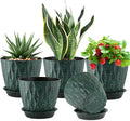 7 inch Plant Pots for Indoor Outdoor Plants, 5 Pack Thick Flower Pots with Drainage Holes and Saucers, 3D Modern Wave Texture Plastic Planter Nursery Pots, Black with Green Speckles