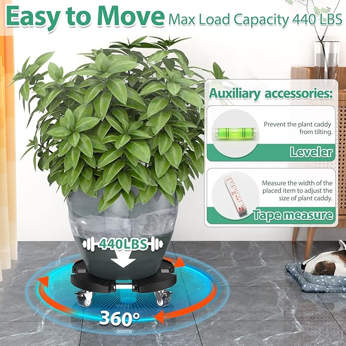 VANCASTLE Plant Caddy with Lockable Wheels Heavy Duty 450lbs Capacity, 15-22 Inch Adjustable Plant Stand with Wheels Rolling base, Plant Dolly for Flower Pot Mover Indoor Outdoor, Black, 1 Pack