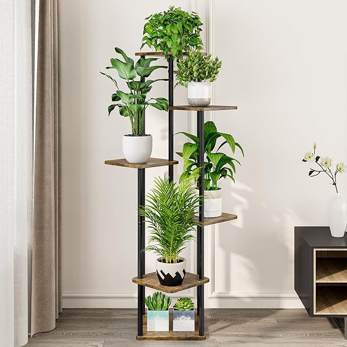 AZERPIAN Plant Stand 6 Tier Indoor Metal Flower Shelf for Multiple Plants Corner Tall Flower Holders for Patio Garden Living Room Balcony Bedroom, Black