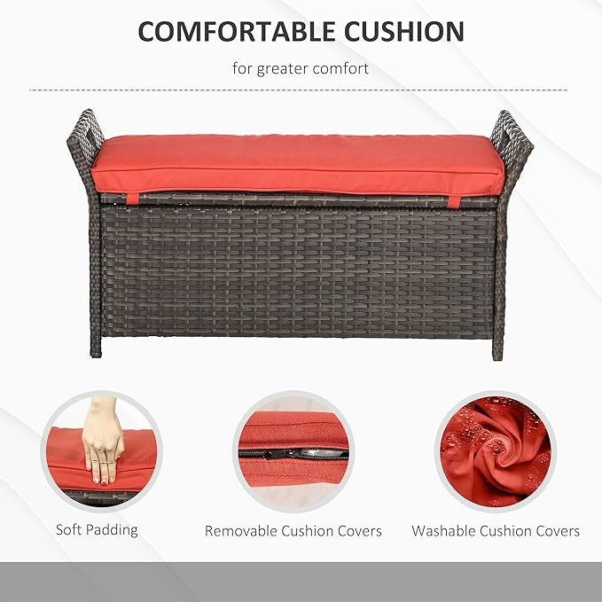 Outsunny 29 Gallon Patio Wicker Storage Bench, Outdoor PE Rattan Patio Furniture, 2-in-1 Large Capacity Rectangle Garden Storage Box with Handles and Cushion, Red