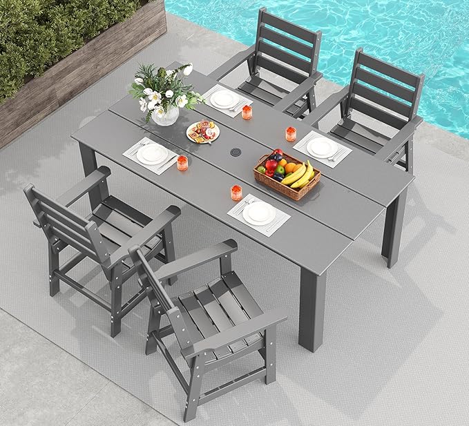 GREENVINES 5-Piece Patio-Dining-Set | HDPE Plastic | Outdoor Table and Chairs Sets for 4 | Patio Furniture | All Weather | Umbrella Hole | for Backyard Poolside Garden | Grey