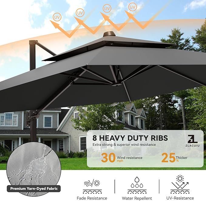 9x12FT Cantilever Patio Umbrella - Heavy Duty Double Layer Offset Design with 360° Rotation, Large Rectangle Sun Shade Umbrella for Garden, Deck, Pool, Backyard, Grey