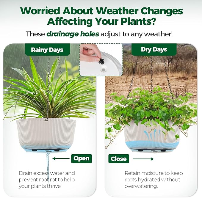 T4U 10 Inch Hanging Planters for Indoor Plants, 2 Pack White Self Watering Hanging Plant Pot, Hanging Pots Set with Drainage Hole & Plug & Chain with 3 Hooks for Garden Home Decor