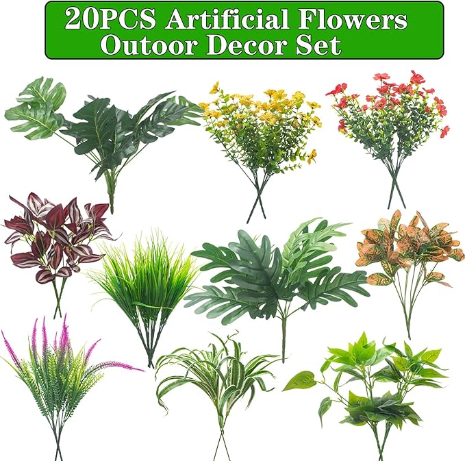 20PCS Fake Flowers UV Resistant Artificial Plants & Faux Shrubs - Outdoor Plastic Greenery Stems for Garden Porch, Window Box Planter, Home Decor(Pot Not Included)