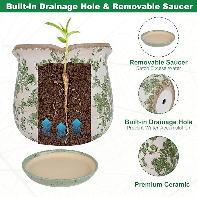 Ceramic-Planters-for-Indoor-Plants with Saucer, 6 inch Vintage Ice Crack Glaze Plant Pots with Drainage Holes, Decorative Flower Pots for Outdoor Garden Home Decor, Tuscan Pot for Plant