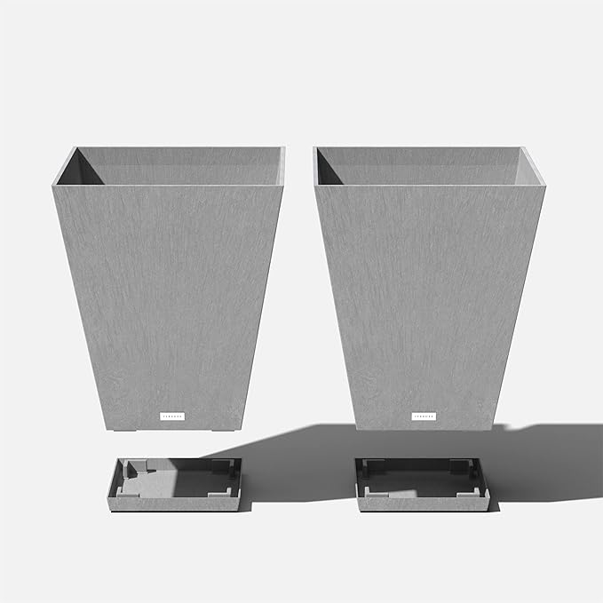 Veradek Nobleton Indoor/Outdoor Wide Square Planter (Light Grey, 22 inch - 2 Pack with 2 Saucer Trays)
