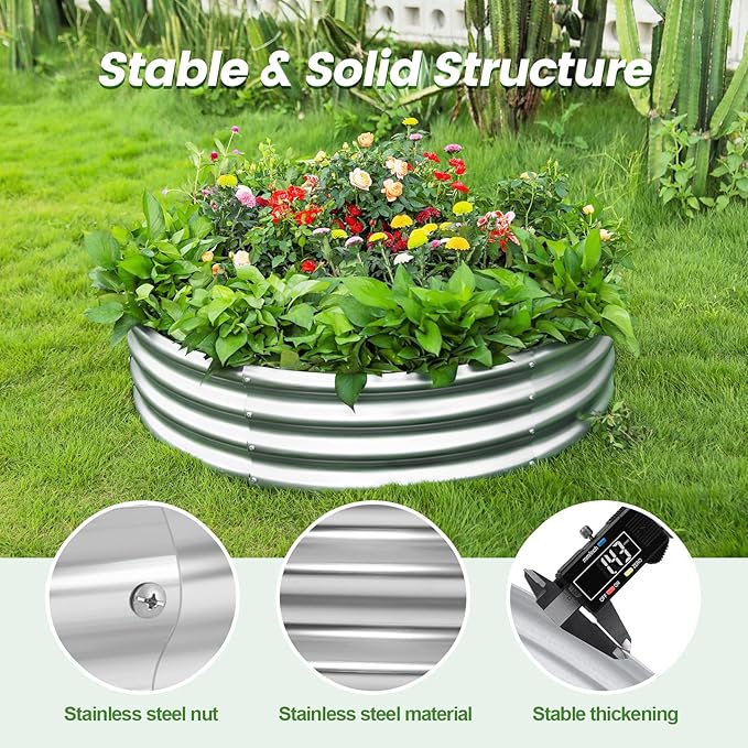 Land Guard 3×3×1ft Galvanized Raised Garden Bed Kit, Round Galvanized Planter Raised Garden Boxes Outdoor, Large Metal Raised Garden Beds for Vegetables, Silver