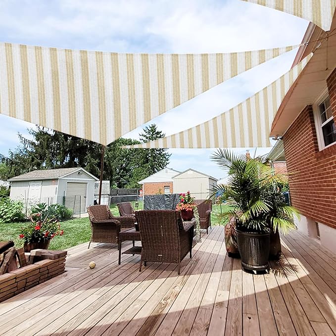 Patio Paradise 21' x 21' x 21' Sun Shade Sail Triangle Canopy Shade Cloth Fabric Sunlight Block Patio Pergola Cover HDPE Deck Awning for Outdoor Backyard Roof Shading, Beige White Strip