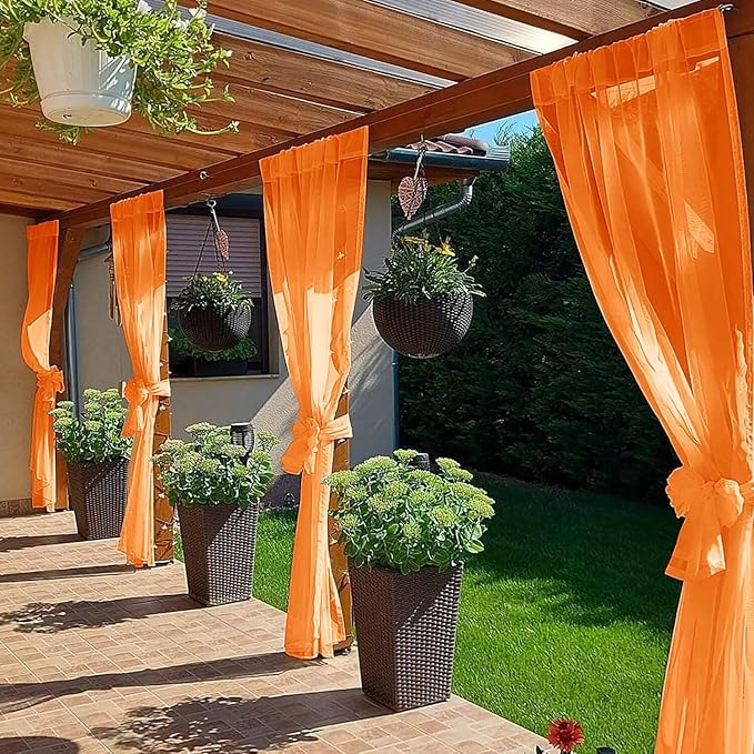 SpaceDresser Waterproof Outdoor Sheer Curtains for Patio - 2 Panels Rod Pocket Indoor Voile Sheer Curtain for Living Room,52W x 84L inch, Orange