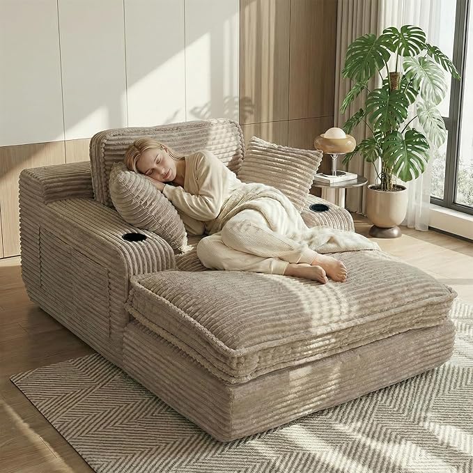 67" Oversized Chaise Lounge Chair Indoor, Soft Boneless Cloud Couch with 3 Pillows, 4 Side Pockets and 2 Cup Holders, Comfy Corduroy Sleeper Couch for Living Room Bedroom