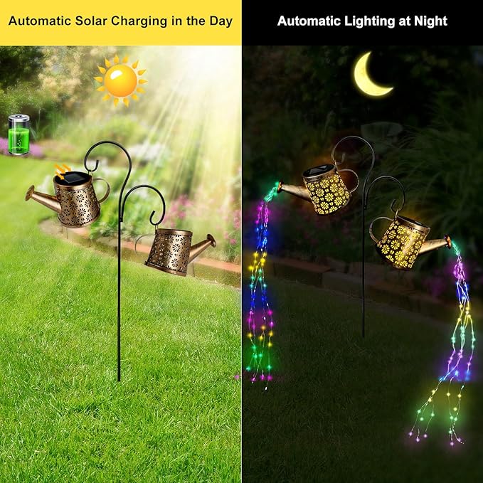 Solar Watering Can Lights Outdoor, IP65 Waterproof Garden Decor Solar Garden Light 8 Multi-Color Changing Modes One Pole Two Lights Outdoor Decorations for Yard, Lawn, Patio