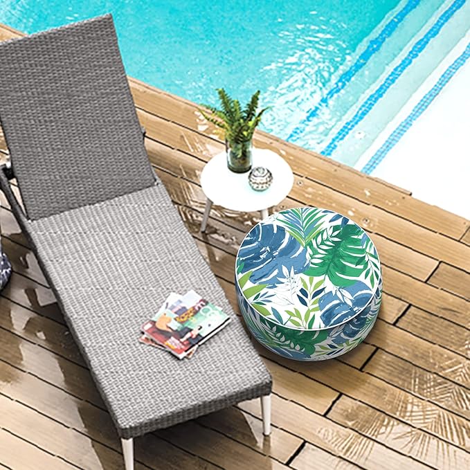 LVTXIII Outdoor/Indoor Round Inflatable Ottoman, All Weather Patio Footstool, Portable Footrest Seat for Patio Garden, Camping or Home, 21"x21"x9", Islamorada Blue Green