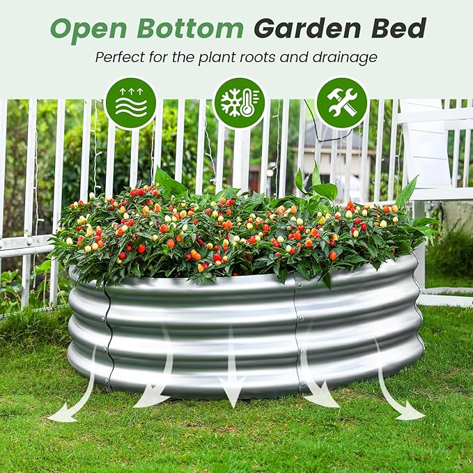 Land Guard 3×3×1ft Galvanized Raised Garden Bed Kit, Round Galvanized Planter Raised Garden Boxes Outdoor, Large Metal Raised Garden Beds for Vegetables, Silver