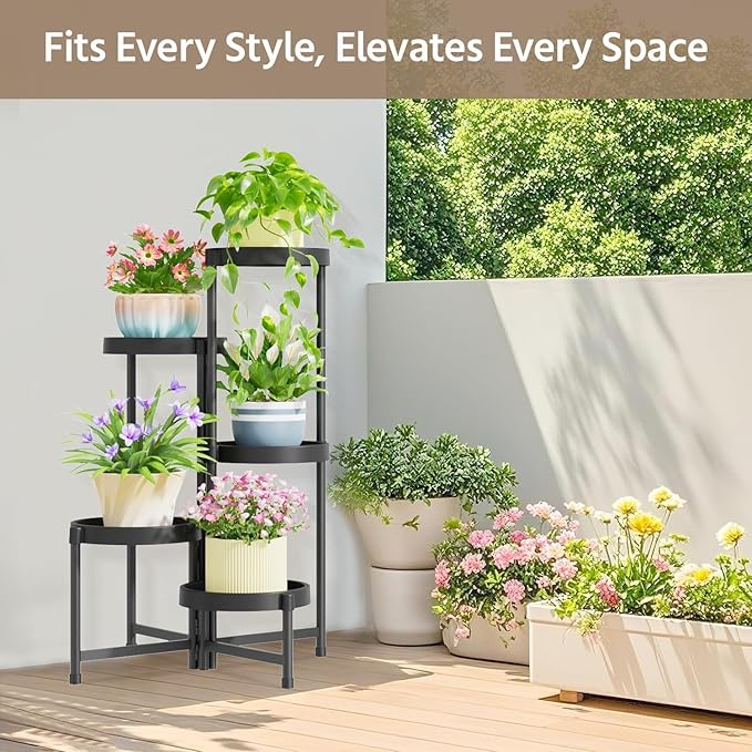 LASZOLA 5 Tiered Folding Plant Stand Indoor for Multiple Large Planter, Tall Heavy Duty Adjustable Rack with Rust Proof Plastic Shelving, Sturdy Vertical Tree Organizer for Narrow Inside Floor, Black