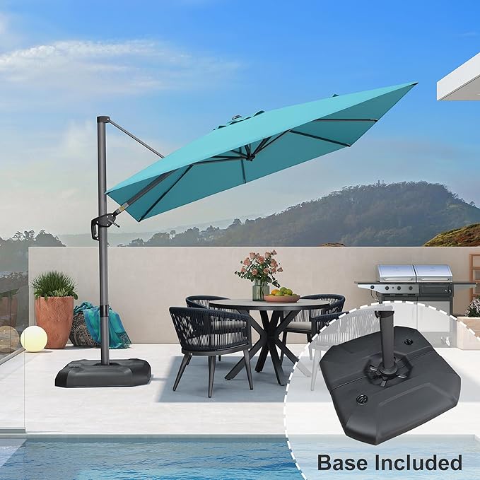PURPLE LEAF Cantilever Umbrella with Base 9 Feet Patio Outdoor Aluminum Offset Umbrella with 360-degree Rotation for Garden Deck Pool Patio Turquoise Blue