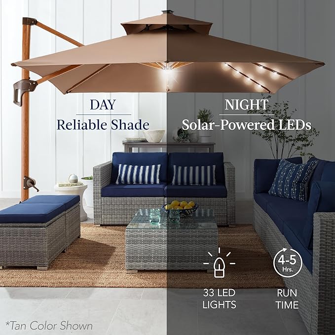 Best Choice Products 10ft Square Cantilever Patio Umbrella w/Base Included, Woodgrain Pattern Pole & Solar LED Lights, 360-Rotation, Offset Hanging Outdoor Shade - Navy Blue