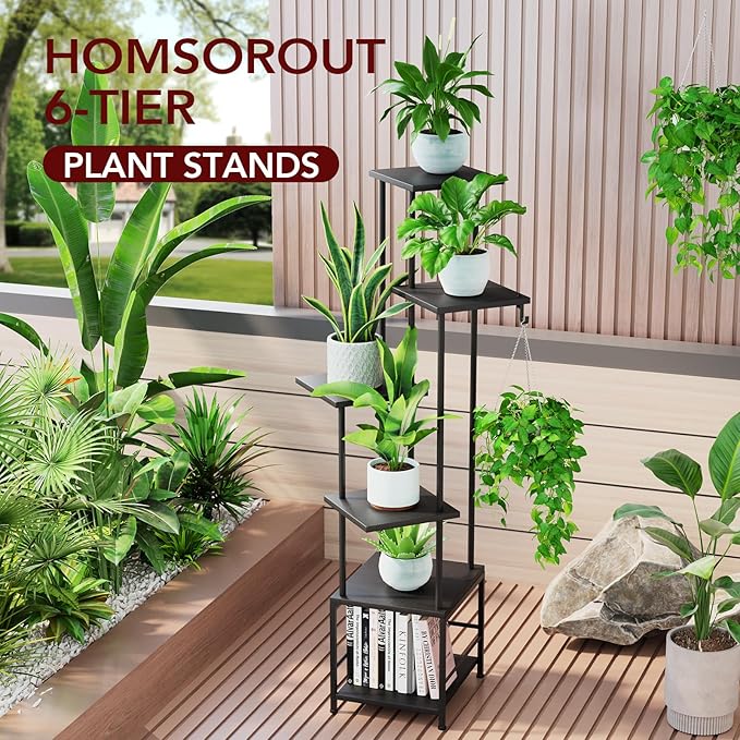 Plant Stand Indoor with Grow Light, 6-Tiered Tall Plant Stand Indoor, Metal Plant Shelf with Hanging Basket Hook and Adjustable Light, Ideal for Living Room, Garden, Patio, Black