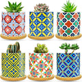 6 Pack Succulent Pots with Drainage Hole, 3 inch Ceramic Succulent Planter with Bamboo Tray, Bright Color Succulent Plant Pots for Cacti Succulent Soil Potting Mix Indoor/Outdoor