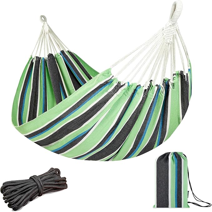 JoyView Brazilian Double Hammock with Hanging Ropes Extra Large 86.6x59” Portable Cotton Hammock for Patio Backyard Porch 450LBS Weight Capacity Perfect for Outdoor/Indoor - Green/Black Stripe