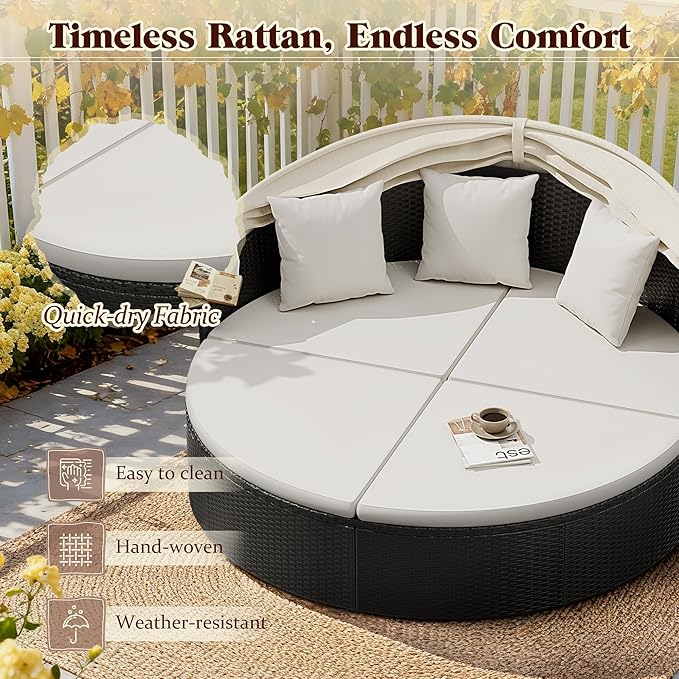 Devoko Patio Furniture Outdoor Round Daybed with Retractable Canopy Wicker Rattan Separated Seating Sectional Sofa for Patio Lawn Garden Backyard Porch