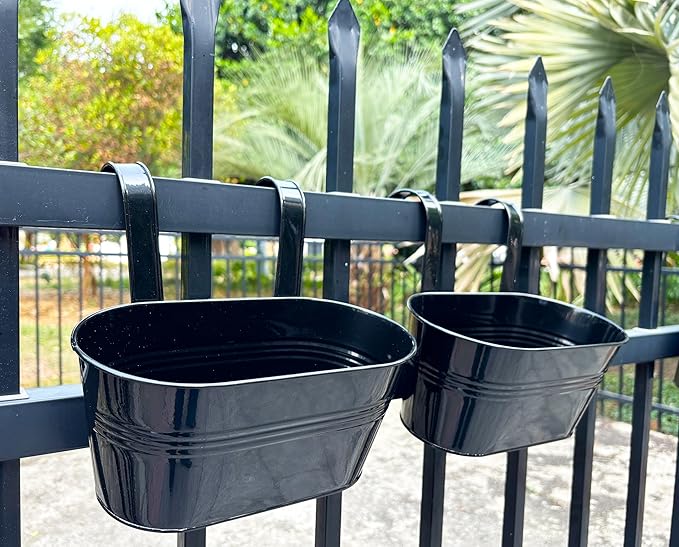 8 Pack Metal Hanging Planter for Outdoor Plants, 10 Inch Black Fence Planters Railing Pots for Garden Patio Balcony Decor, Flower Bucket with Detachable Hooks (Black, 8Pcs)
