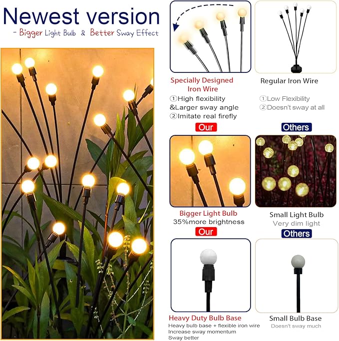 TONULAX Solar Garden Lights - Upgraded Solar Swaying Light, Sway by Wind, Outdoor Lights, Yard Patio Pathway Decoration, High Flexibility Iron Wire & Heavy Bulb Base, Warm White(6 Pack)