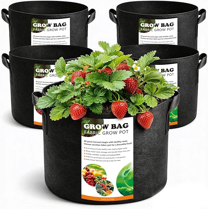 5 Pack 5 Gallon Grow Bags, Thickened Aeration Nonwoven Fabric Plant Pots with Handles, Heavy Duty 300G Garden Planting Bag for Tomato, Potato, Strawberry, Vegetable, Fruits and Flowers