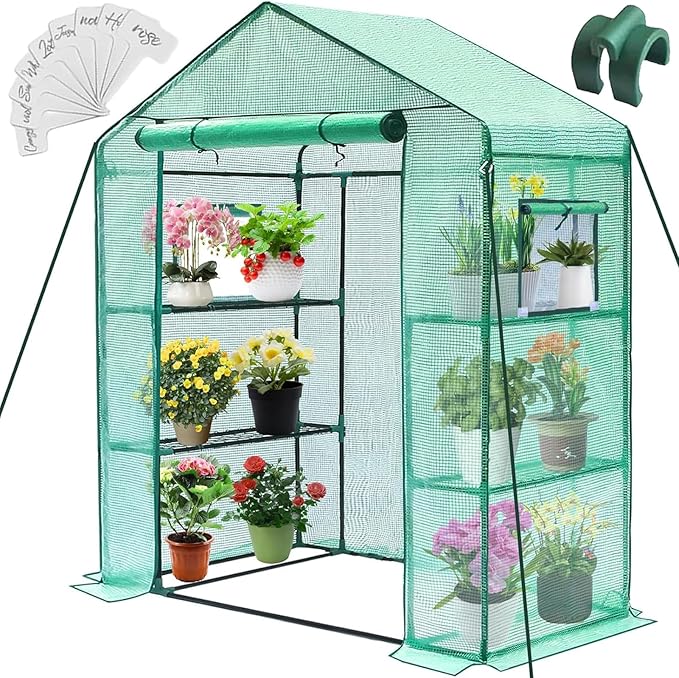 Greengro Greenhouse, 28 x 57 x 76'' Greenhouses for Outdoors, Small Plant Green House with Screen Windows, 3 Tiers 4 Shelves, Durable PE Cover, Plastic Portable Walk in Greenhouses for Outside Indoor