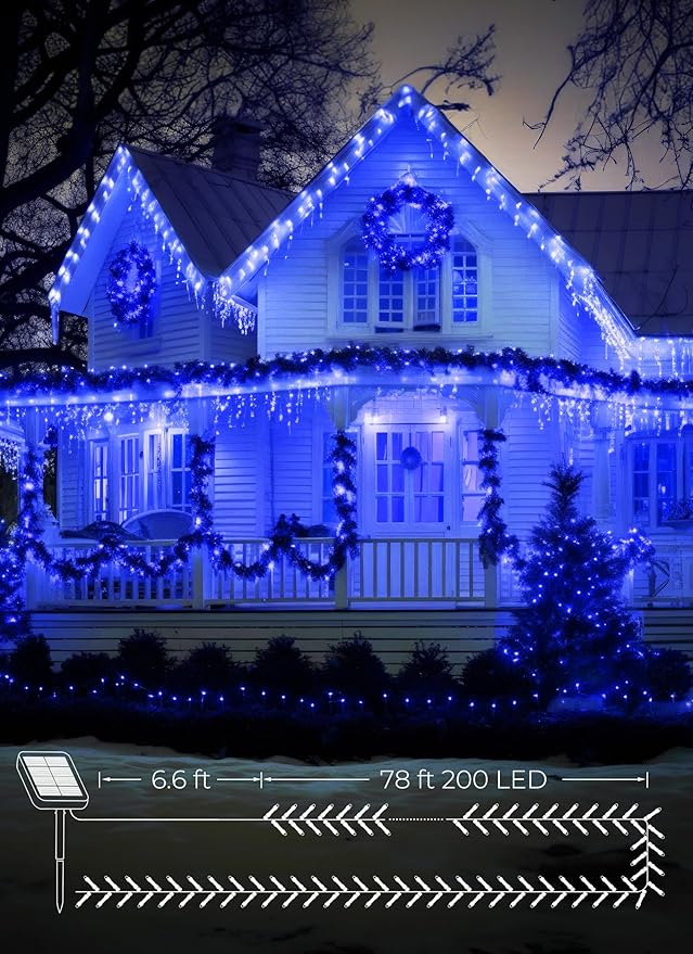 2-Pack 400LED 170FT Total Solar Outdoor Lights IP65 Waterproof Solar Powered Lights with 8 Lighting Modes for Party Garden Yard Home Holiday Tree Decoration Lighting,Blue
