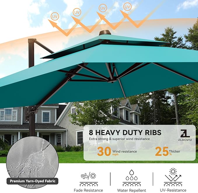 9x12FT Cantilever Patio Umbrella - Heavy Duty Double Layer Offset Design with 360° Rotation, Large Rectangle Umbrella for Garden, Deck, Pool, Backyard, Turquoise