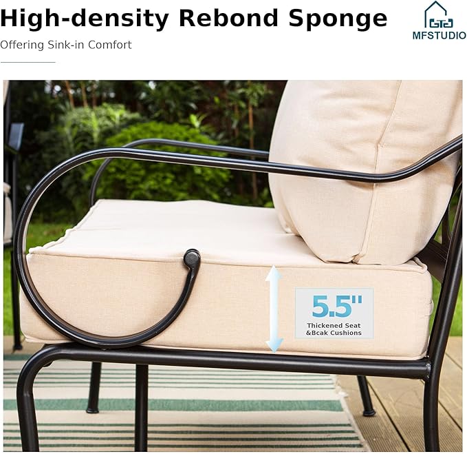 MFSTUDIO 7 Seats Large Metal Patio Conversation Sets, 5 Pieces Outdoor Furniture Sofa with 2 Swivel Chairs, 1 Sofa(3-seat), 1 Loveseat and Table for Outside Balcony Backyard Poolside