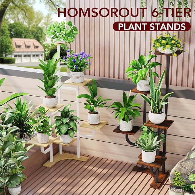 Corner Plant Stand with Grow Light - 6 Tier Plant Stand Indoor Square Metal Plant Shelf with Adjustable Light, Plant Organizer for Living Room, Graden, Home Decor (Brown)