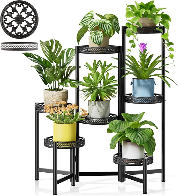 7 Tier Large Metal Plant Stand Indoor Outdoor with 7.9 Inch Wide Tray, Tiered Corner Plant Stand, Flower Display Holder Shelf, Folding Tall Rack for Patio Porch Balcony Living Room Garden - BlackWave