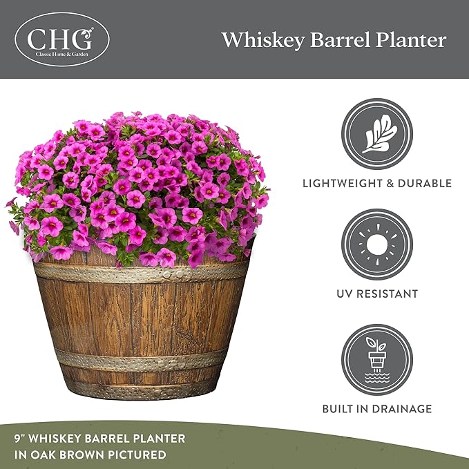 Classic Home & Garden Whiskey Barrel Planters - Wood Finish Flower Planter Pot - Stylish Garden Pots - Indoor & Outdoor Resin Planters - Weather-Resistant Planting Pot (20.5" Kentucky Walnut, 1- Pack)