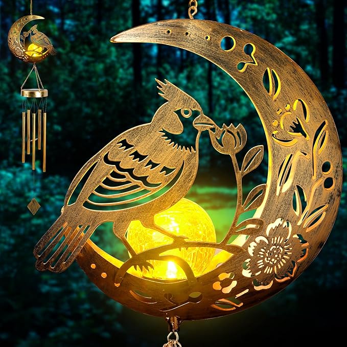 Moon Cardinal Wind Chime for Outside - Exquisite Vermilion Bird, Handmade Aluminum Wind Chimes for Garden/Lawn, Soothing Zen Decor, Perfect Asian-Themed Gift for Housewarming & Meditation Spaces