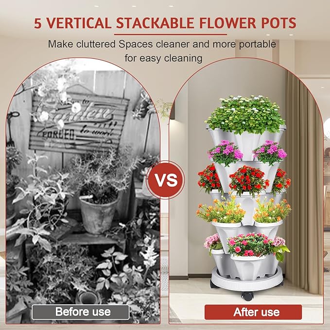 Vertical Strawberry Planter-5 Tier Stackable Herb Tower Planters Stacking Garden Planters Pot Outdoor with Tools Removable Wheels for Growing Flowers, Vegetables and Succulents