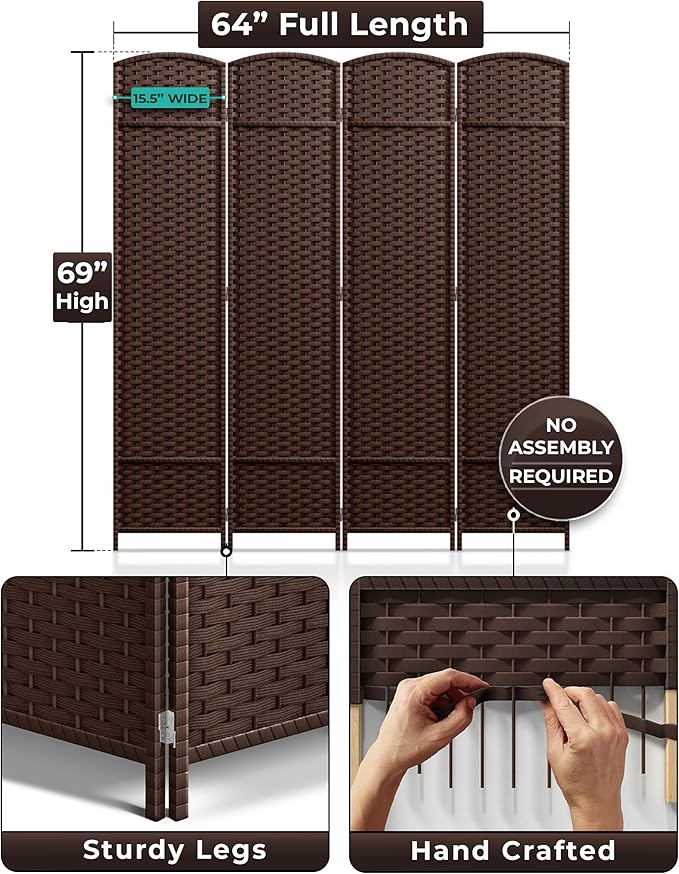 Sorbus 4 Panel Room Divider 6 ft. Tall - Privacy Screen, Extra Wide Double Hinged Panels, Mesh Hand-Woven Design, Partition Room Dividers and Folding Privacy Screens, Wall Divider for Room Separation